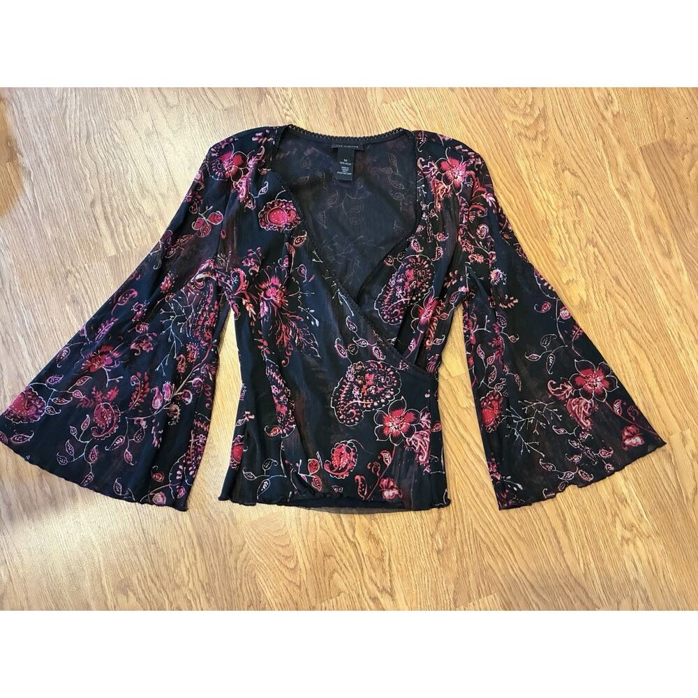 Vintage Limited Y2K Black Red Mesh Floral Ruched Bell Sleeve Top M